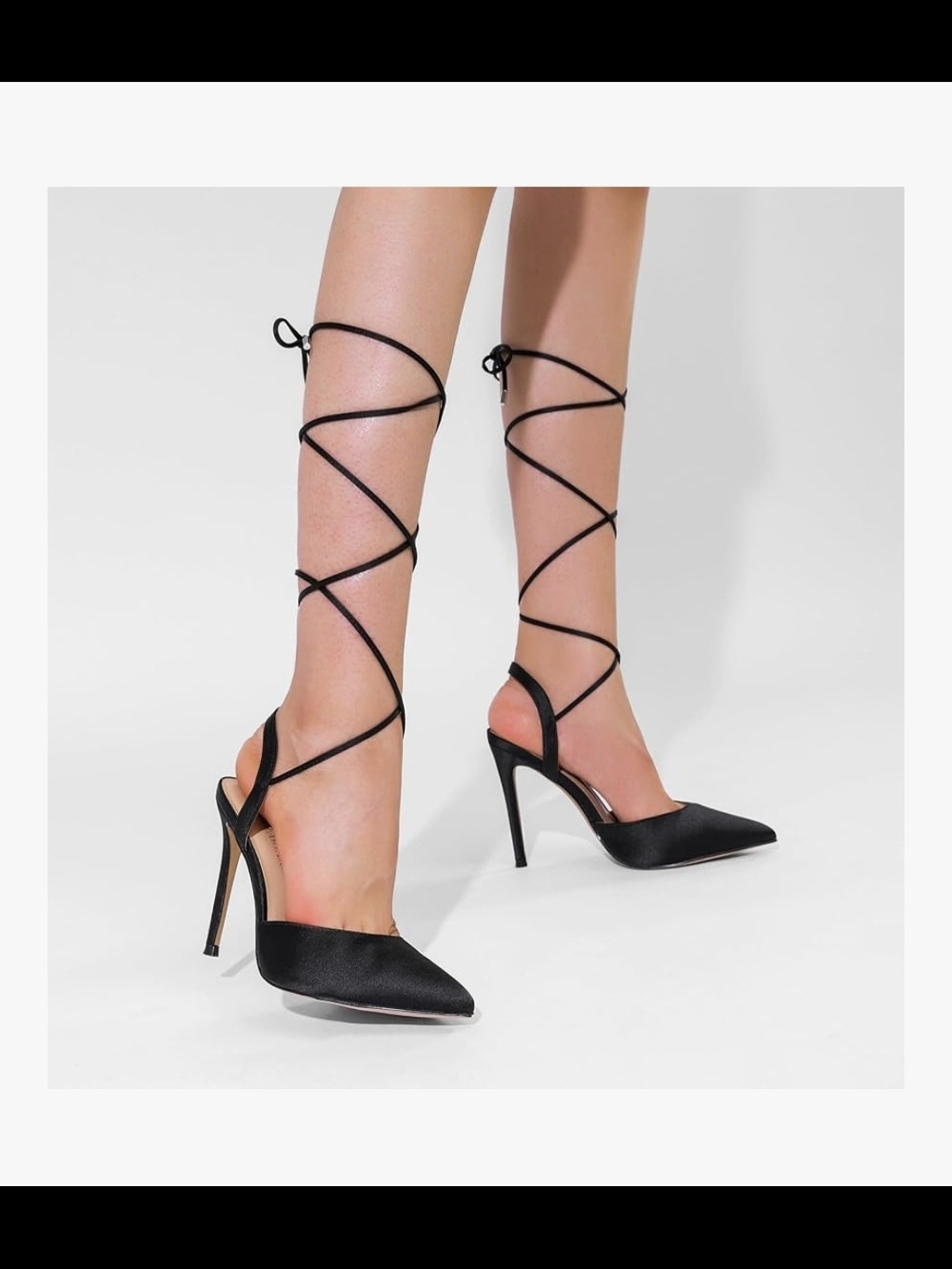 Dream Pairs Black Satin Pointed Toe Lace-Up Slingback Pumps - Picture 8 of 10